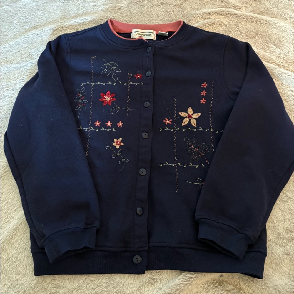 Women’s Navy Embroidered Button-Up Cardigan Sweater